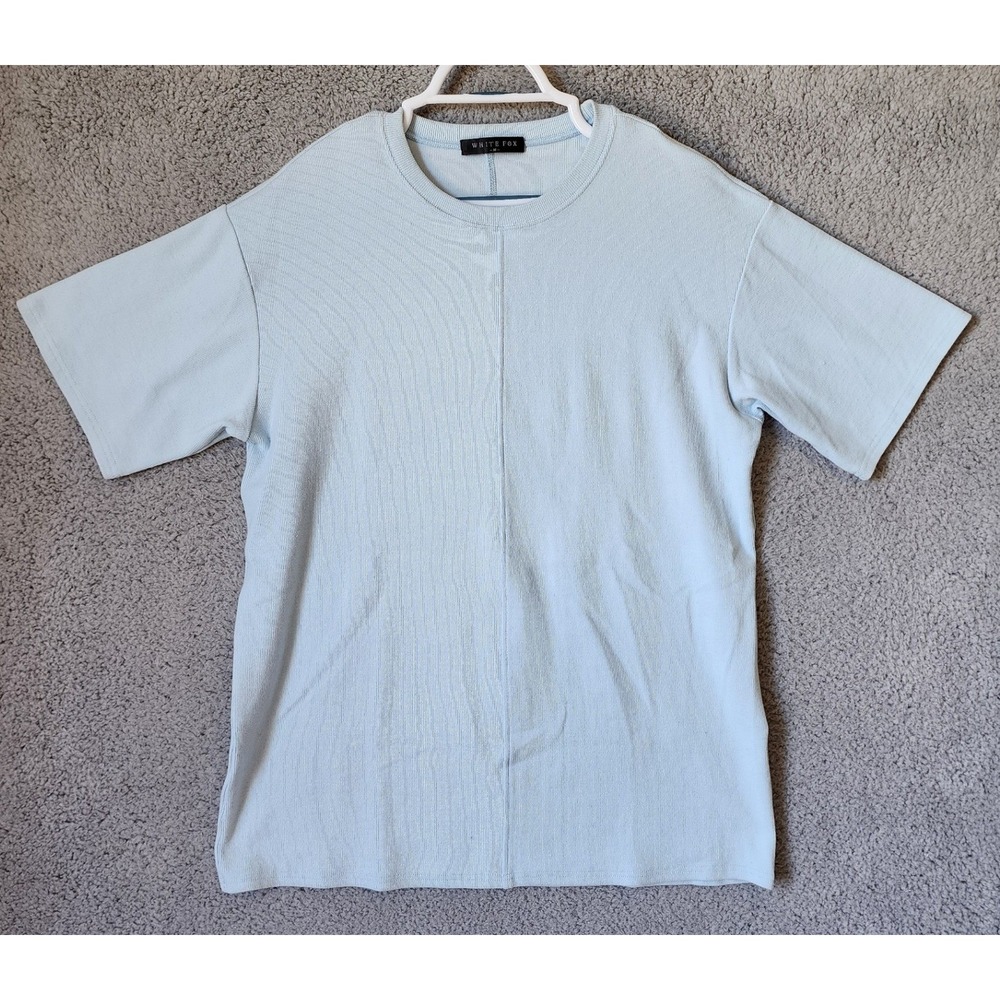 White‎ Fox Ribbed Knit T-Shirt Womens Medium Light Blue Center Seam Short Sleeve